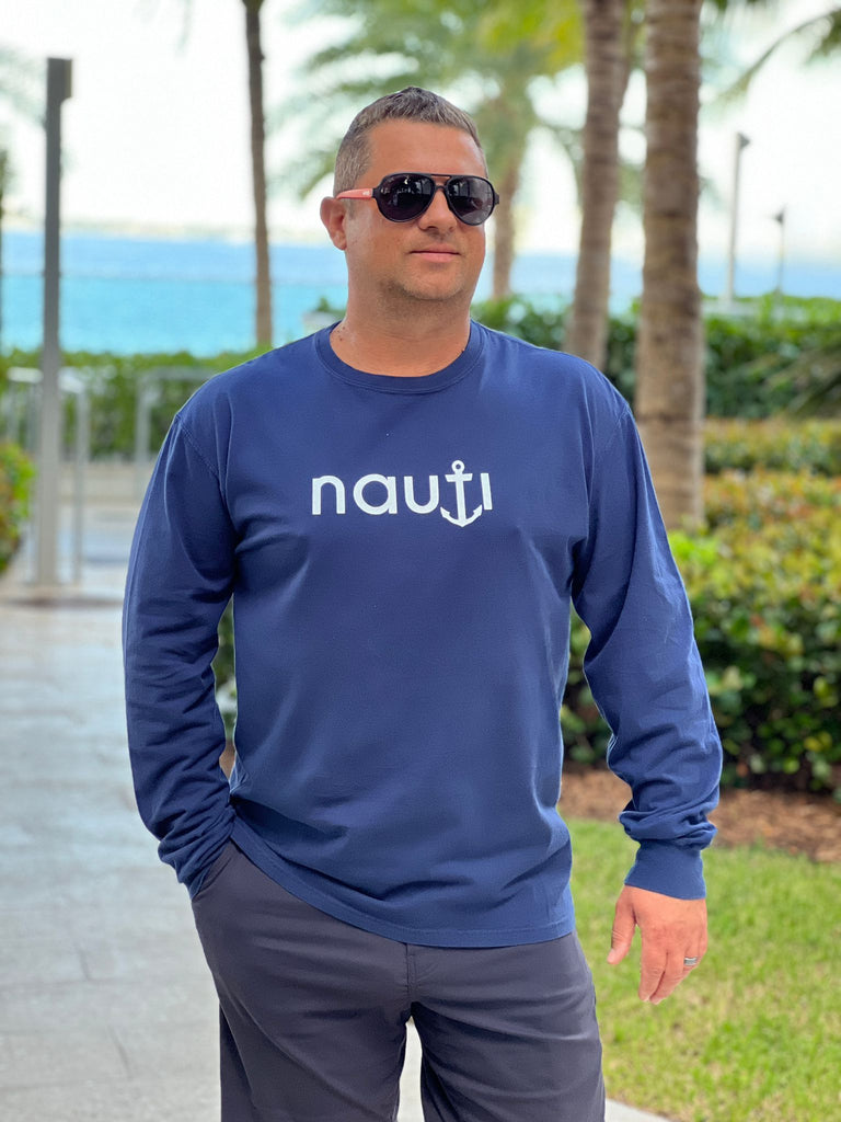 Mens Adult "NAUTI" Anchor Long Sleeve Tshirt in Navy with White Ancho