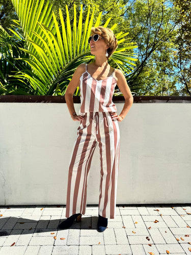 Ladies Two Piece Striped Spaghetti Strap Top and Long Pants in Maroon and White in Size Small