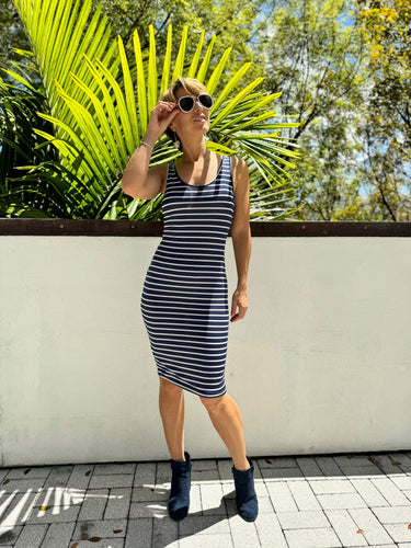 Ladies Sleeveless Tank Striped Dress in Navy and White in Size Small