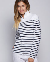 Womans Breton Zippered Mock Sweater in White with Navy Stripes