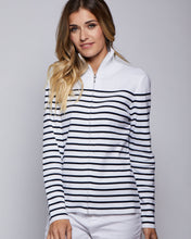 Womans Breton Zippered Mock Sweater in White with Navy Stripes