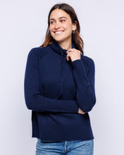 Womans Cashmere Drawstring Funnel Sweater in Navy