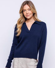 Womans Cashmere Polo Crew Sweater in Navy