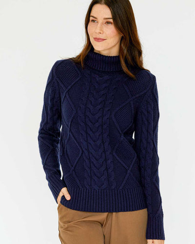 Womans Classic Cable Turtleneck Sweater in Navy