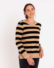 Womans Contrast Striped Crew Sweater in Camel and Black Stripes