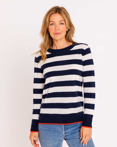 Womans Contrast Striped Crew Sweater in Navy and White (Persimmon Trim)