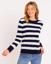 Womans Contrast Striped Crew Sweater in Navy and White (Persimmon Trim)