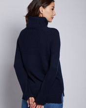 Womans Half Ribbed Cashmere Blend Turtleneck Sweater in Navy