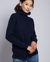 Womans Half Ribbed Cashmere Blend Turtleneck Sweater in Navy