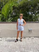 From Victoria’s Closet: Blue and White Striped Ladies shorts and vest ensemble in Size Small