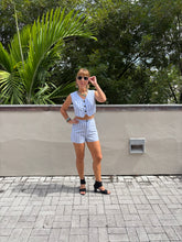From Victoria’s Closet: Blue and White thin Striped Ladies shorts and vest ensemble in Size Small