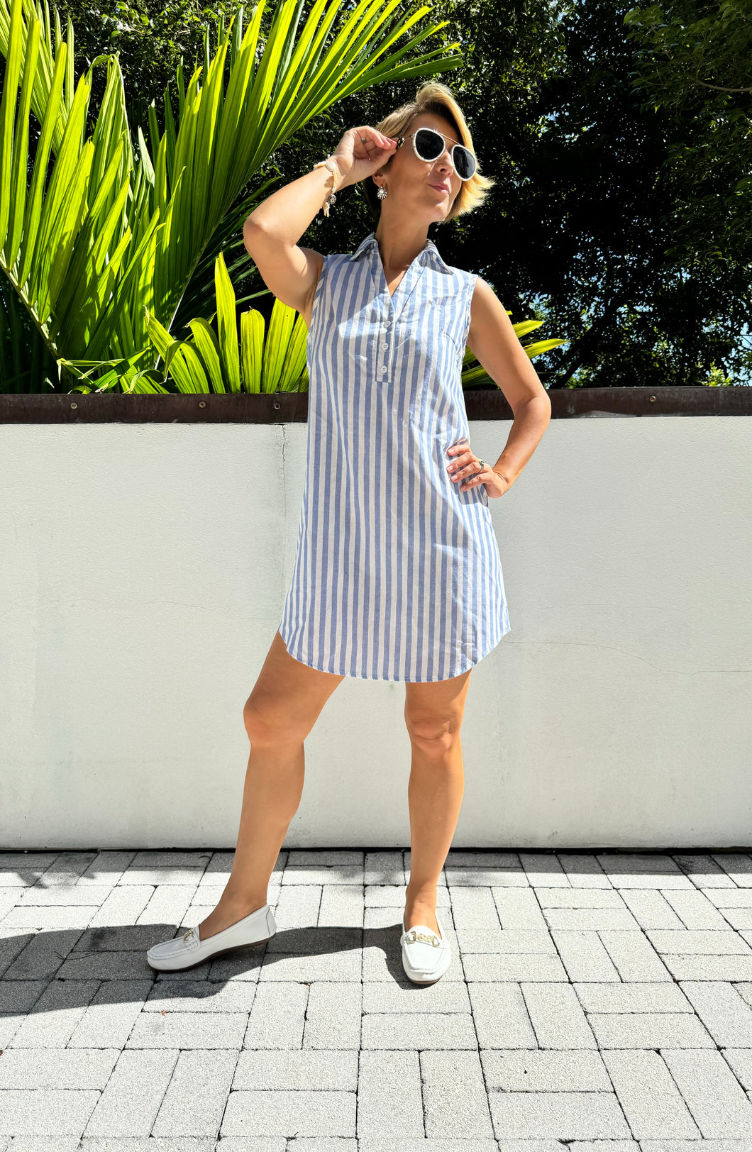 Ladies Striped Short Sleeve Mini Dress in Blue and White in Size Small