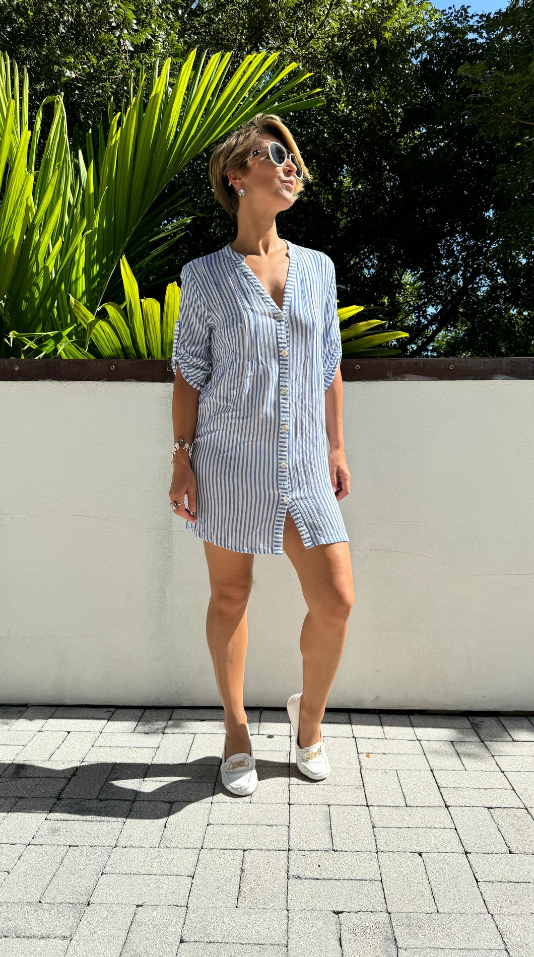 Ladies Short Sleeve Striped Dress in Blue and White in Size Small