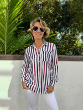 Ladies Striped, Long Sleeve Blouse in Red, Blue and White in Size Small