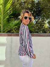 Ladies Striped, Long Sleeve Blouse in Red, Blue and White in Size Small