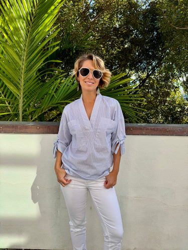 Ladies Striped, Long Sleeve Blouse in Blue and White in Size Small