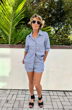 Ladies Two Piece Striped Shorts and Three Quarter Length Sleeve Shirt in Blue and White in Size Small