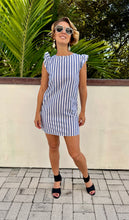 Ladies Short Sleeve Striped Mini Dress in Blue and White in Size Small