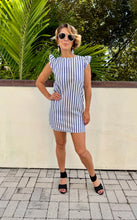 Ladies Short Sleeve Striped Mini Dress in Blue and White in Size Small