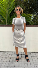 Ladies Striped, Knee Lenght, Drawstring T-Shirt Dress in Black and White in Size Small