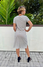 Ladies Striped, Knee Lenght, Drawstring T-Shirt Dress in Black and White in Size Small