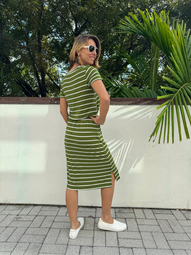 Ladies Short Sleeve Striped Jersey Dress in Green and Yellow in Size Small