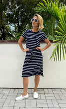 Ladies Short Sleeve Striped Jersey Dress in Navy and White in Size Small