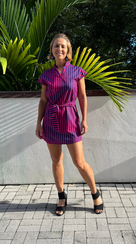 Short Sleeve Belted Navy and Purple Striped Ladies Mini Dress in Size Small