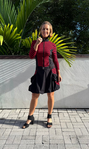 From Victoria’s Closet: Long Sleeve Knee Length Black and Red Striped Ladies Dress in Size Small