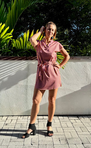 From Victoria’s Closet: Sleeveless Purple and Peach Striped Ladies Mini Dress in Size Small