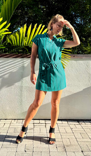 From Victoria’s Closet: Sleeveless Green and Navy Striped Ladies Mini Dress in Size Small