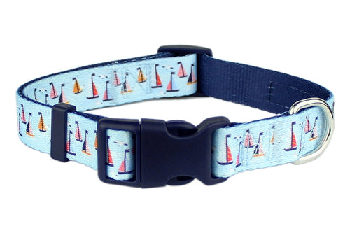 'Sail Boats' Collar for Dogs & Cats – Adjustable Nautical Light Blue Sailboat Dog Collar with Adjustable Fit