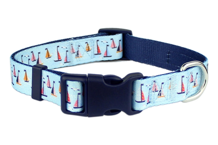 'Sail Boats' Collar for Dogs & Cats – Adjustable Nautical Light Blue Sailboat Dog Collar with Adjustable Fit