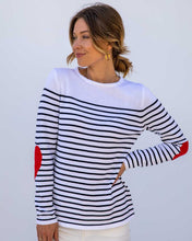 Womans Classic Breton Crew with Navy and White Stripe and Red Heart