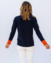 Womans Cashmere Contrast Crew Sweater in Navy with Orange