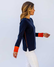 Womans Cashmere Contrast Crew Sweater in Navy with Orange