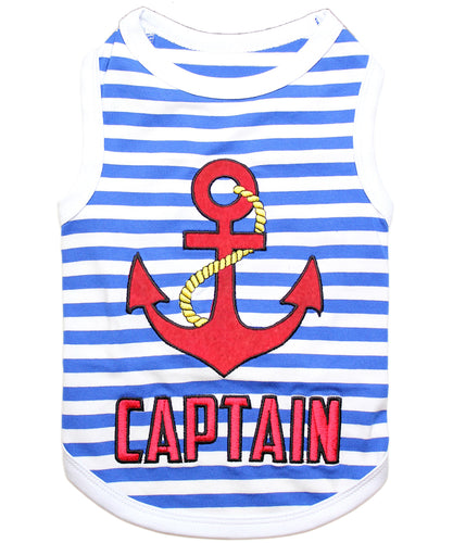 'Captain' Fun Sailor Dog Outfit – Soft and Breathable Nautical Pet Wear for Small Dogs & Cats, Blue & White Stripes