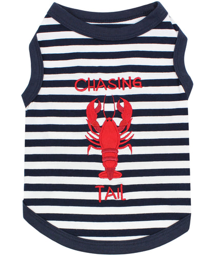 'Lobster Chasing Tail' Dog Shirt – Nautical Cotton Pet T-Shirt for Dogs & Cats, Blue & White Stripes