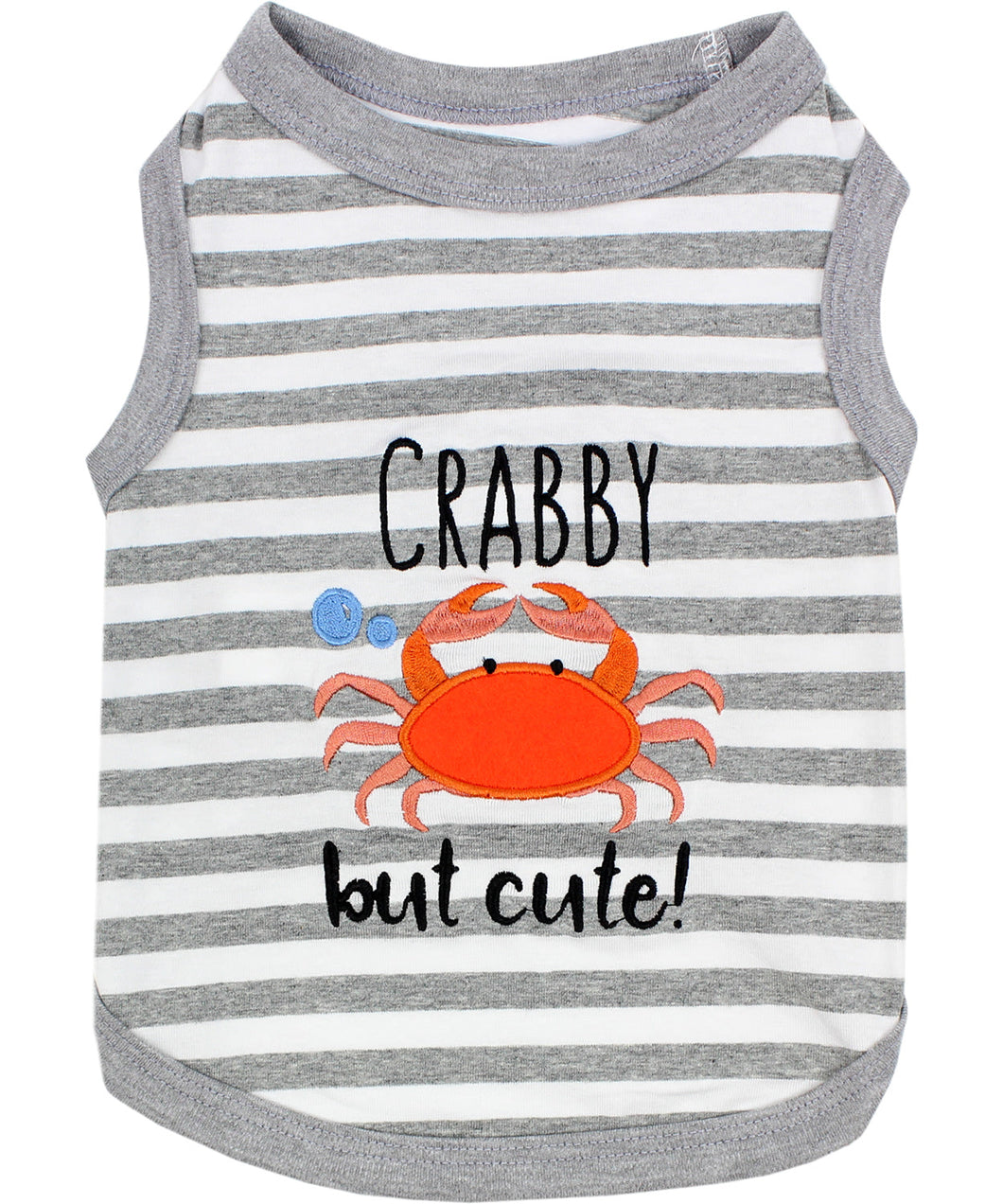 'Crabby But Cute Tee' Embroidered Dog Shirt - Trendy Pet Apparel for Dogs & Cats, Gray and White Stripes