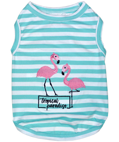 'Flamingos'  Dog Shirt – Lightweight & Breathable Summer Outfit for Small Dogs & Cats, Light Blue and White Stripes