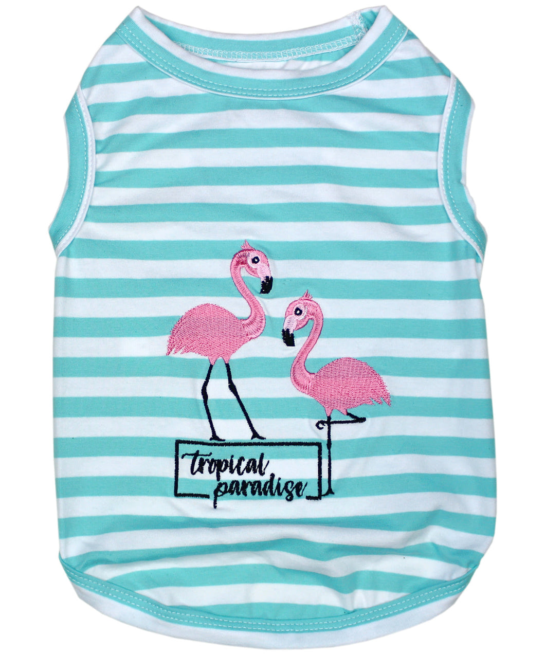 'Flamingos'  Dog Shirt – Lightweight & Breathable Summer Outfit for Small Dogs & Cats, Light Blue and White Stripes
