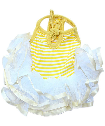'Ballerina Dress' for Dogs and Cats, Comfortable Sleeveless, Yellow with White Stripes