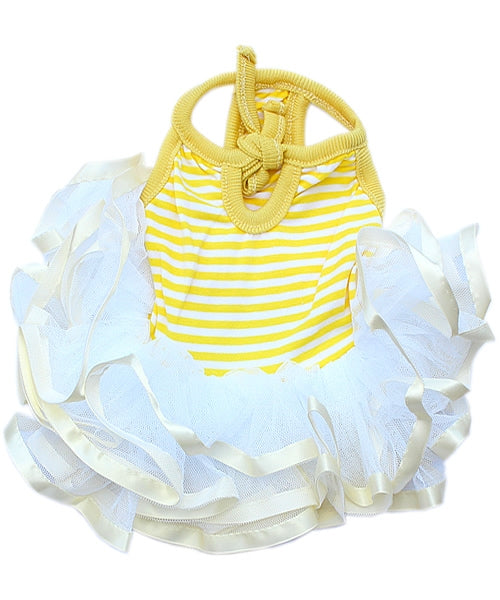 'Ballerina Dress' for Dogs and Cats, Comfortable Sleeveless, Yellow with White Stripes