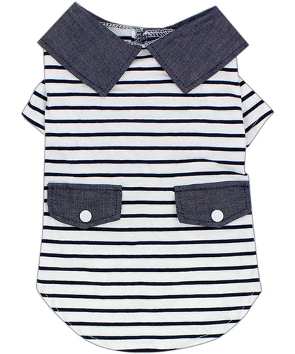 'Preppy Boy Polo' Dog & Cat T-Shirt – Trendy Cotton Polo Shirt, Comfortable & Lightweight, Blue White Stripes-Valentine's Day