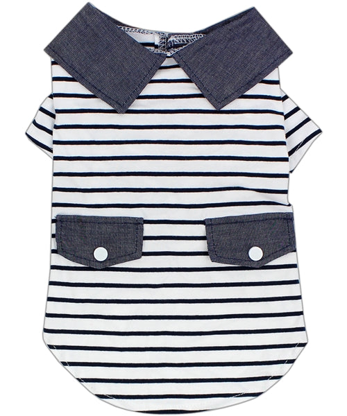 'Preppy Boy Polo' Dog & Cat T-Shirt – Trendy Cotton Polo Shirt, Comfortable & Lightweight, Blue White Stripes-Valentine's Day