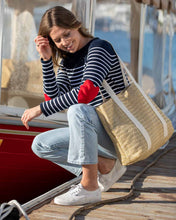 Womans Classic Breton Crew Sweater with Navy and White Stripes and Red Heart