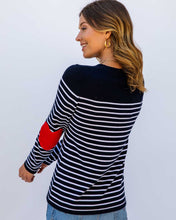 Womans Classic Breton Crew Sweater with Navy and White Stripes and Red Heart