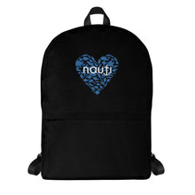 Woman's "NAUTI" fish heart Backpack in black with navy fish heart and white logo
