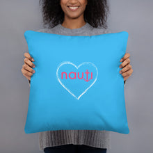 "NAUTI" heart pillow in deep sky blue with white heart and magenta logo