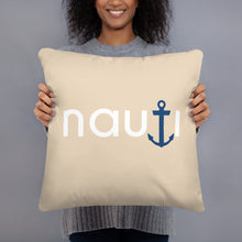 "NAUTI" pillow in champagne with navy logo